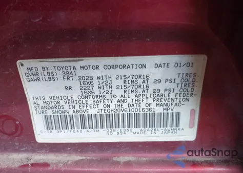 2001 Toyota Rav4 Base (M5) from USA, damaged, VIN JTEGH20V610016361